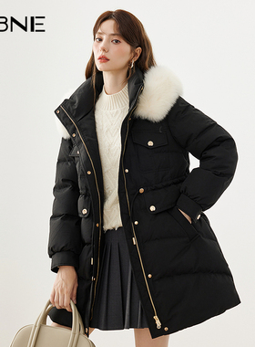 【商场同款】90绒纯色羽绒服女kbne2025冬中长款狐狸毛领连帽外套