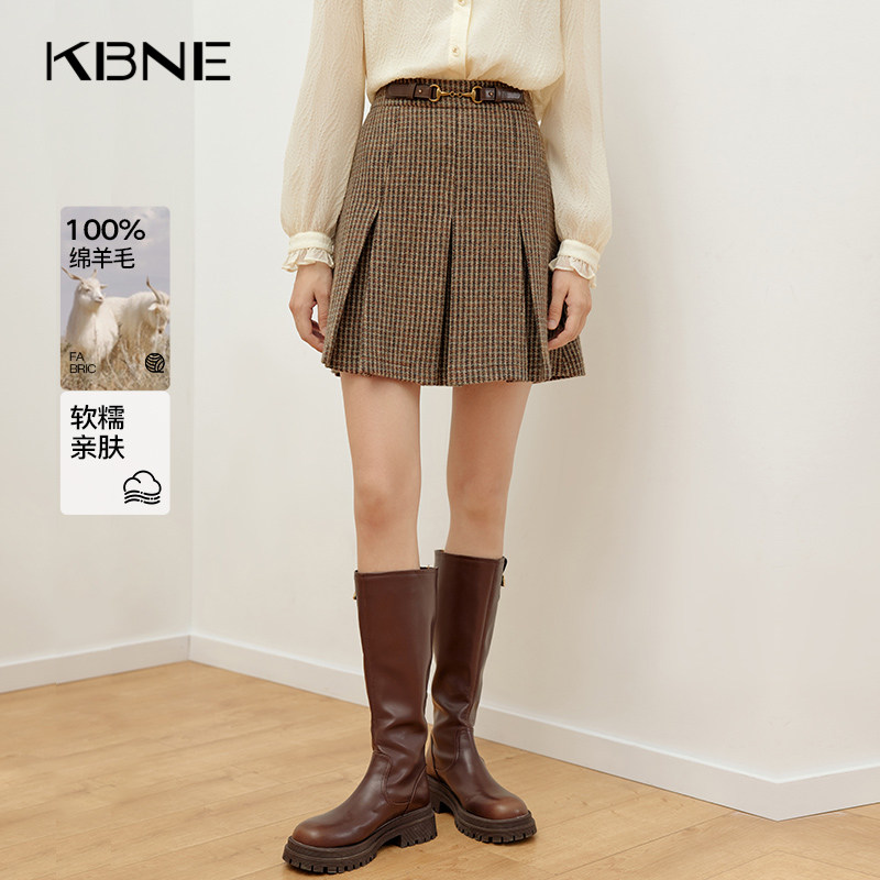 KBNE咖色千鸟格半身裙女短裙新款气质秋冬装百褶裙A字裙包臀裙