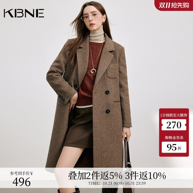 KBNE咖色毛呢外套长款羊毛呢子大衣2026新款上衣气质小个子秋冬女