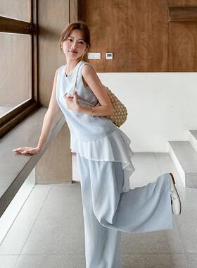 时尚计文艺松弛感装夏日套新款设感色上衣高腰阔2b225-26腿撞裤两