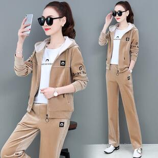 丝绒8-8207套装女春季新款尚宽松显瘦时运动金连服帽大码休闲三件