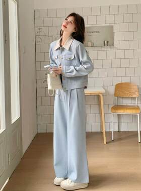 蓝色C182-T52韩系可盐翻可甜休腿闲套装女春季领短阔外套显瘦裤两