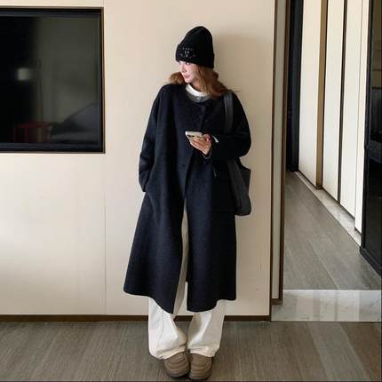 黑色双毛面2B187-A呢外套女冬季韩版复古气质休闲百款搭长款羊大