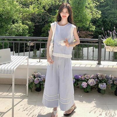 2b211-10浅色撞色拼接背心阔腿裤两件女套春夏新款柔气温质超火穿
