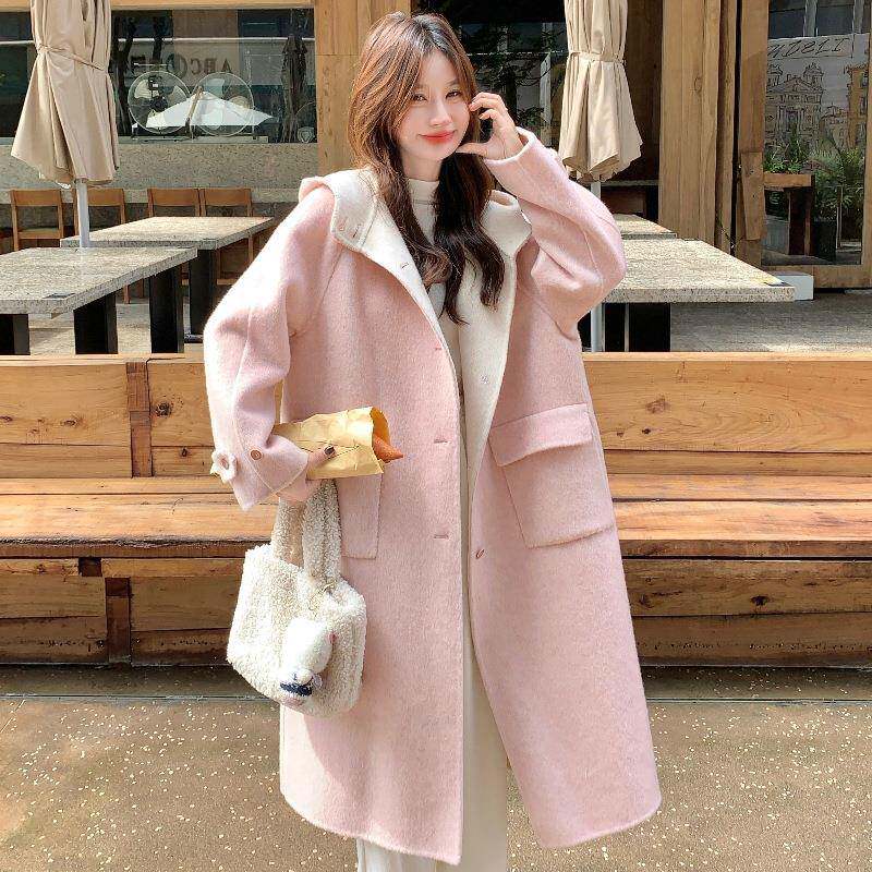 粉连双c20-D91面毛色大衣女冬季新款氛羊帽围感超好看中长款毛呢