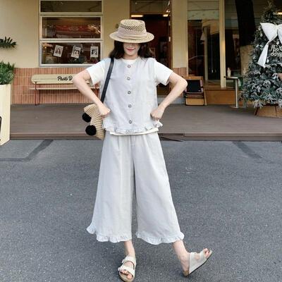 韩系休闲风无袖质马甲阔腿裤套2B066-66装夏木女新款耳边拼接气两
