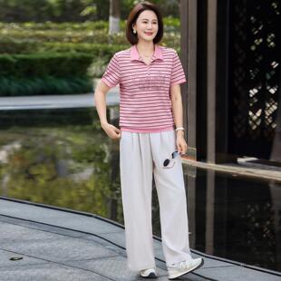 品牌女士时尚休闲套装季翻短袖阔领腿1041150裤时髦减龄妈妈场广