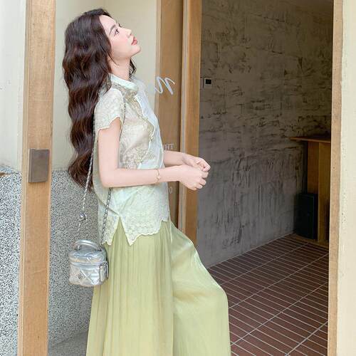 绿色女清冷松弛新中式套装夏新款感绣D058-B8花上衣纱网阔腿裤两