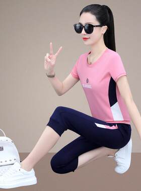 夏70787192季新款年轻妈妈运动套短装袖七分裤休跑步闲休闲两件薄