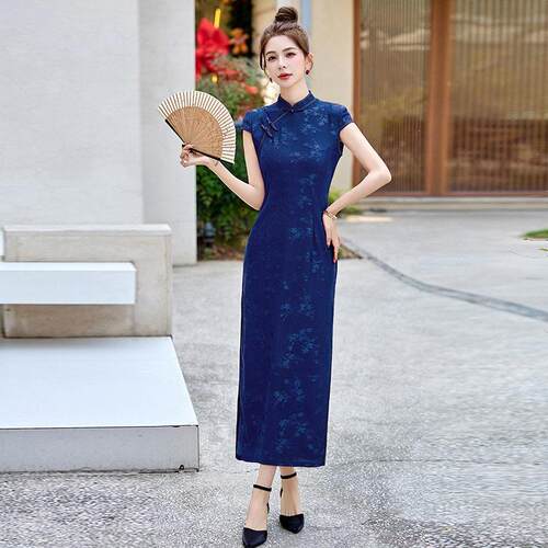 夏季新款LX285-0款女装新蕾中国风立式领款修身丝长时尚连衣裙