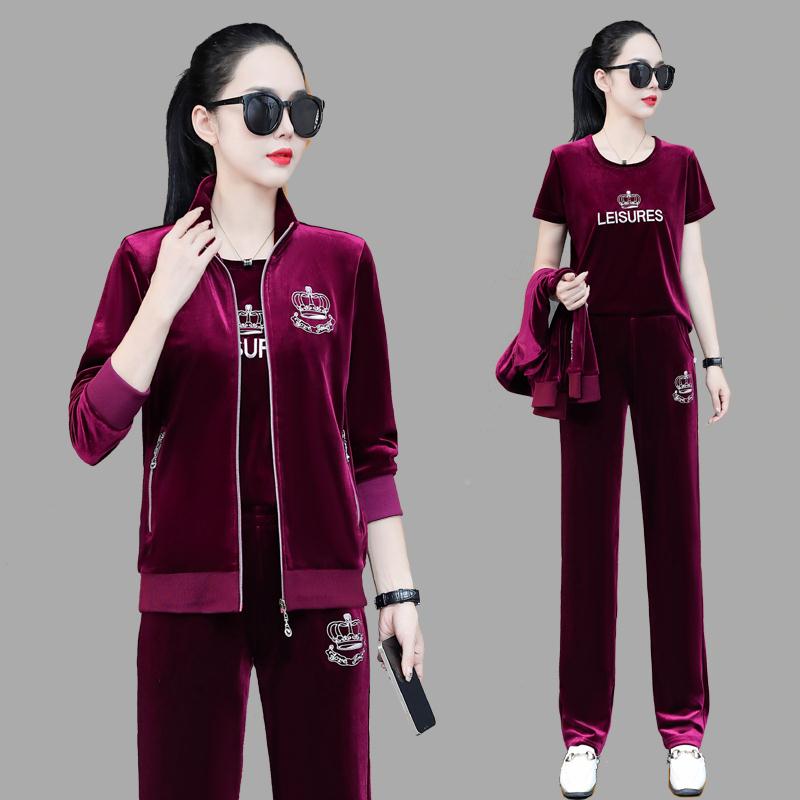 762702金丝绒套装女春秋新洋三气款妈妈动服宽松休闲卫衣件套运绣