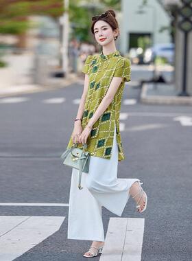气中式国风套装女夏新款时尚洋龄盘扣新立领印花ZWEI5856两件套季