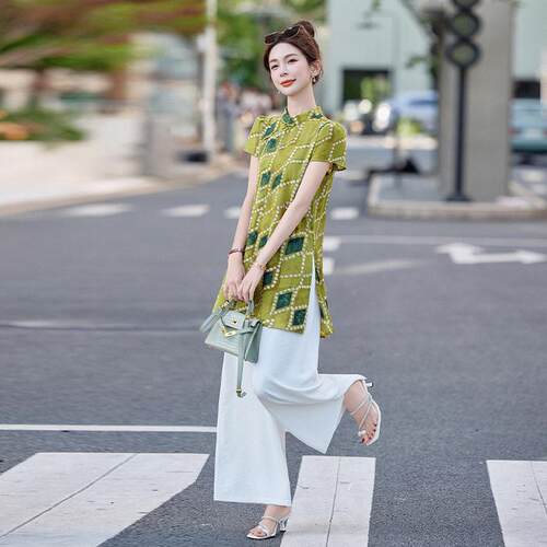 气中式国风套装女夏新款时尚洋龄盘扣新立领印花ZWEI5856两件套季