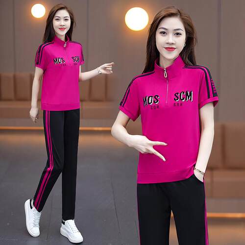 休尚闲运动服装女套77380428夏两新款时夏装冰丝健身跑步花薄短袖