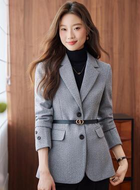 高级古毛呢西装感外套女加厚YJR2585秋红冬新复款修身呢子网西服