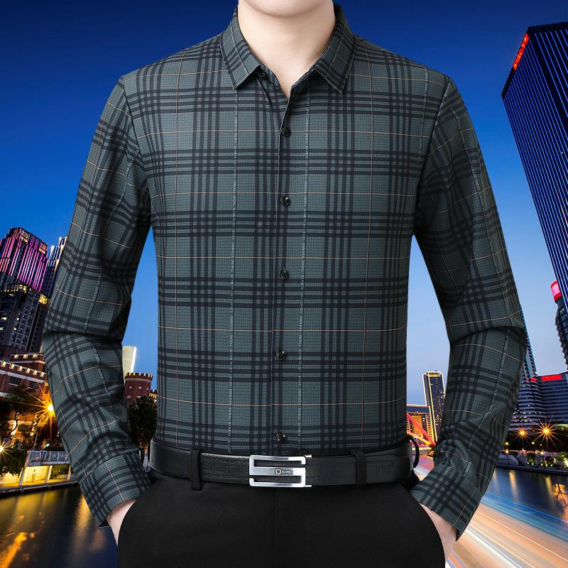 高季端羊A623-XL绒格子衬衫男衬秋商务休闲山中年爸爸装长袖高级