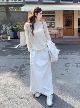 韩系慵甲懒尚风时简约套装女C98-721春夏新款恤工装马三直筒裙件