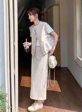 闲米色盐c095-960系休范无袖马甲装套裙夏季年女新款高腰半身裙两