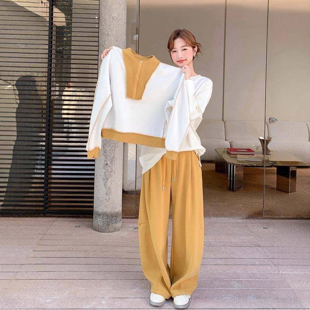 黄色韩C087-928版休闲季加绒加厚卫衣阔套装裤风女秋冬新款腿裤两
