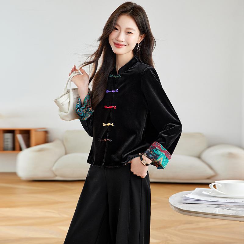 丝绒国风外0套2两面开穿黑色新中式衫025秋季盘SP6081-0扣上衣外