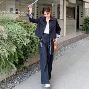 韩系件复格纹夹克女外古套阔裤腿两套春秋新ZR2C212款酷飒风洋气