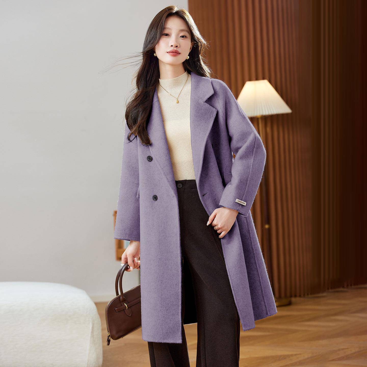 款ZH264-0双面羊毛腰大衣女秋高级感轻冬奢优雅带毛呢外长套