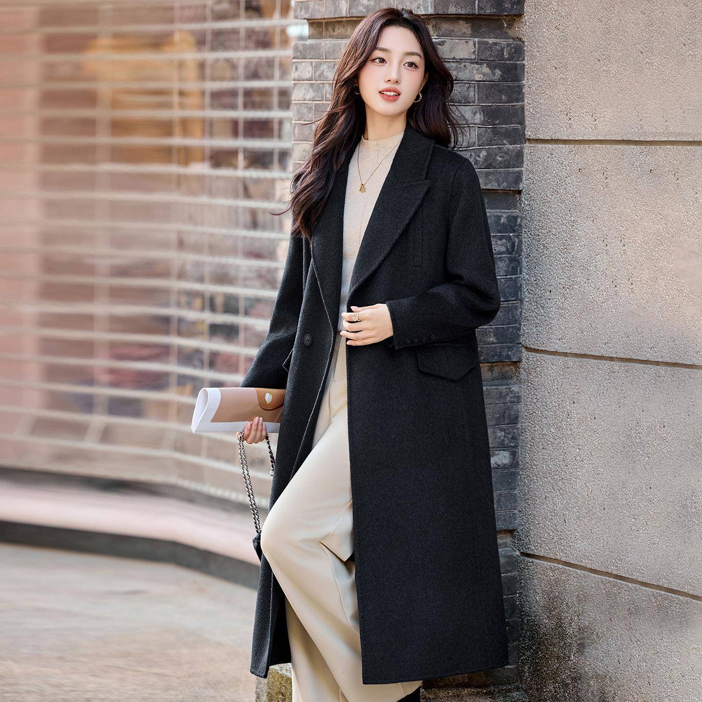 双大羊毛呢子女外套2025新款秋冬修身气质高端羊DL2616-0面毛衣 D