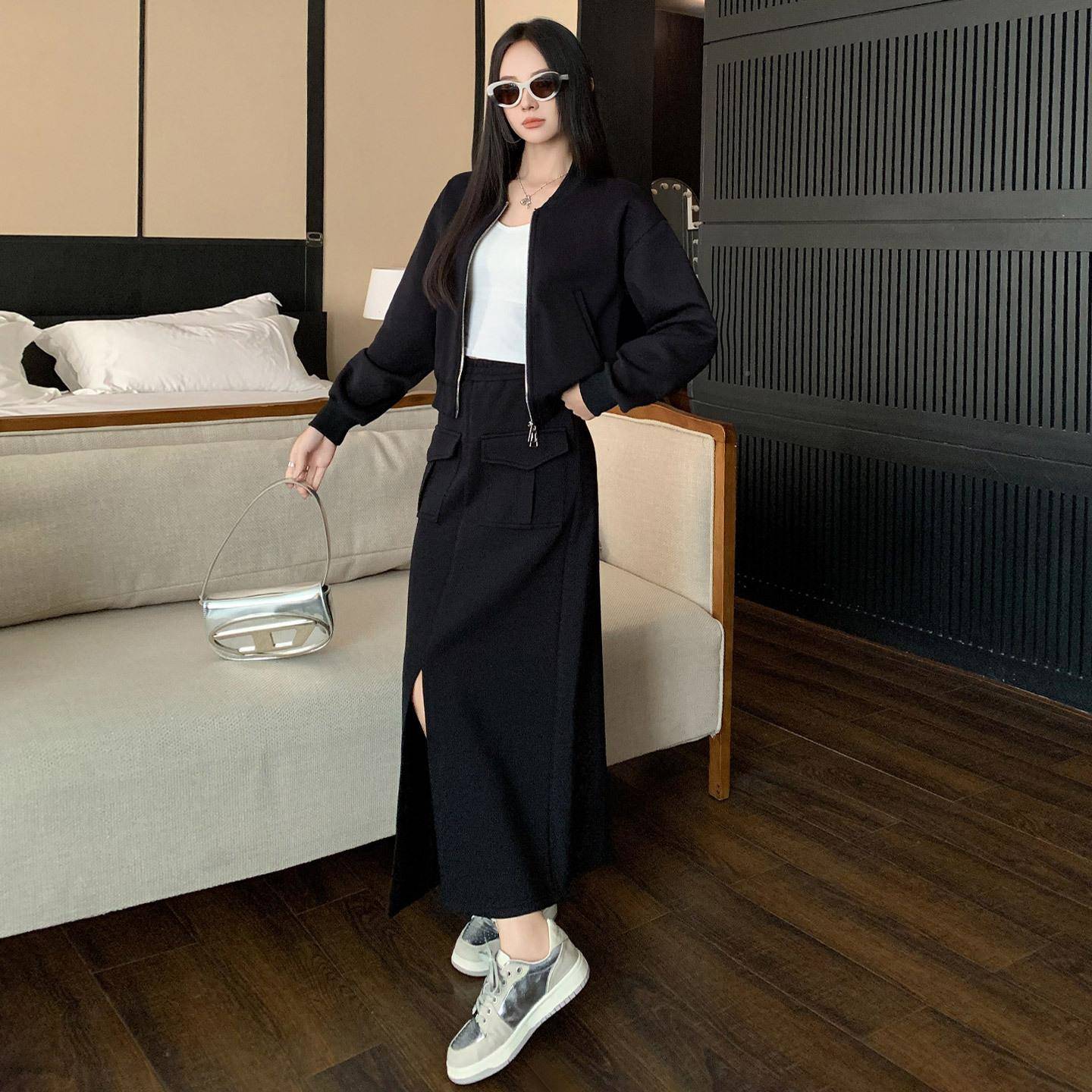 秋纯色连帽拉链开衫卫衣套装女季新ZR2C10款半时尚减龄叉身裙两件