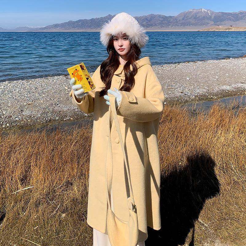 黄色版韩柔风双面C007-181呢羊绒大衣女冬季气洋减龄中长款毛呢外
