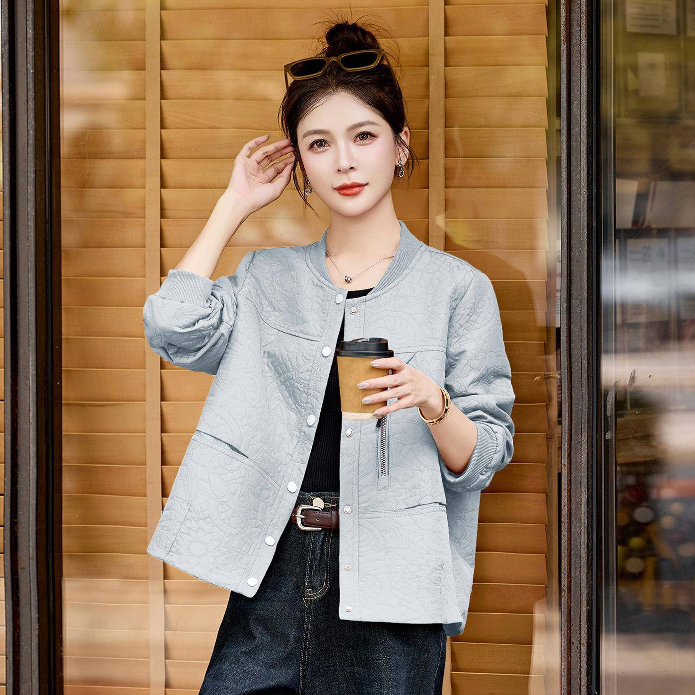 提花刺棒球服女年秋季ZMU805C新绣款时尚气质闲高级宽感松短款外