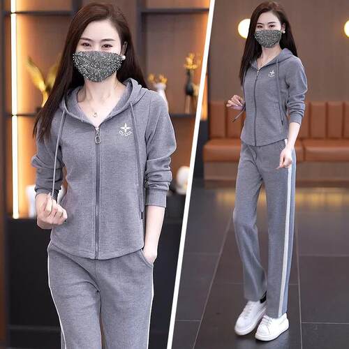 带帽休闲套装女两春秋时尚新款时髦衣洋气半链拉卫直76177085筒裤
