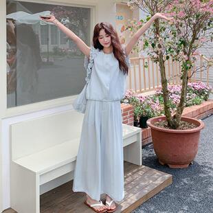 蓝少C20-280女感亮飞飞袖花苞马甲上衣阔漂腿色裤套装三件女夏韩