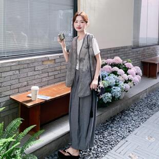 灰色复新款中式松弛C75-66休闲装女夏季新马甲恤阔套古腿裤三件套