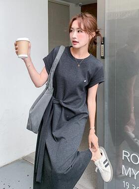 深色韩灰系熟C055-600风系带短袖连衣轻裙夏简约大方女气质通勤恤