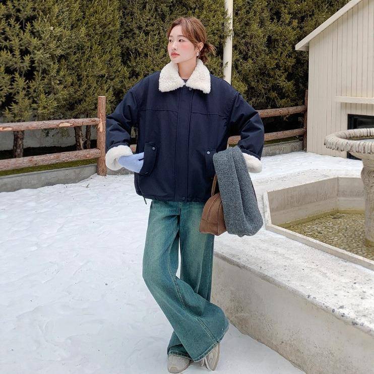 藏款青色工新装派克服女小个子冬韩加厚版保暖羊羔D09-L67毛内胆