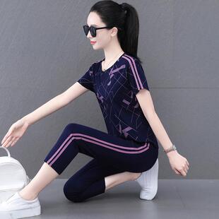 妈女士运动套夏季中妈薄款年冰丝短袖跑步休闲七装分89902791裤两
