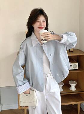 蓝条纹拼套接短外女春色季新款韩系假两件计感ZZB066休设闲龄夹克