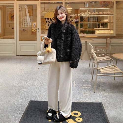 黑色级感羊羔高2B186-81设毛外套女小个冬子款加厚减龄计感仿皮毛