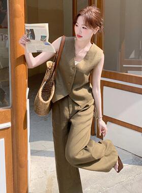 复古老钱风亚麻套装2B209-26女夏季熟轻勤两西装马甲阔腿裤通件套
