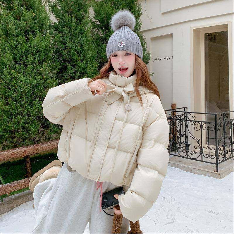 米白色短绒好款羽绒服女冬季新款韩版超小个子看连b275-M74帽面包
