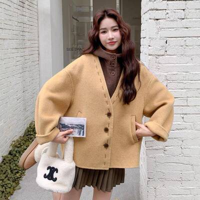 黄韩色双面呢羊两毛大衣C212-G18女冬季款新版小个子连帽毛呢马甲