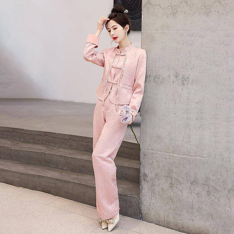 现货新中式气女装春秋季新款HM5303时尚休闲盘扣质3外套两H件套M5