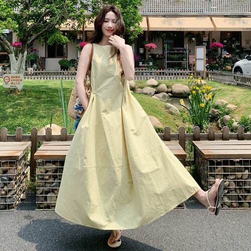 浅蓝色韩系龄松弛感无长袖连衣尚裙C100-607休女初夏新款闲时压褶