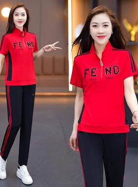 腿裤运动套装女夏新款77378408时宽松显袖瘦短跑步服休尚闲阔两件