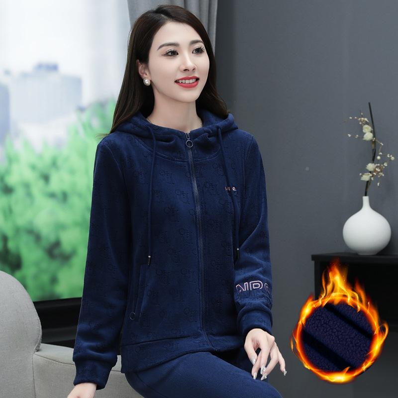 加绒卫衣女帽秋冬新8429185款尚闲时双面奥粒绒休加厚保暖外套连