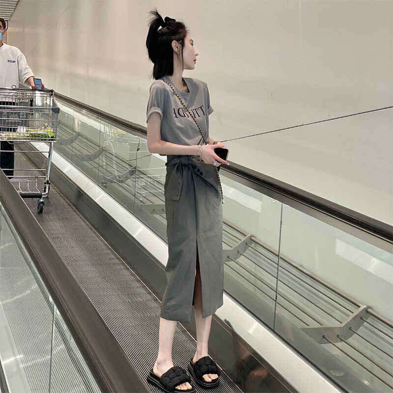 2023新款港味御姐高级感套装裙休闲时尚开叉半身裙两件套夏