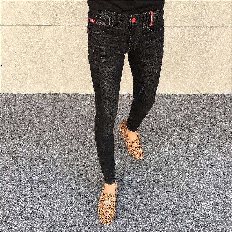 春季覆古黑色牛仔裤男韩版修身九分裤弹力男士长裤秋款修身小脚裤