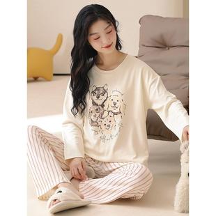 带胸垫7A抗菌纯棉睡衣女秋季长袖圆领卡通可外穿全棉家居服两件套