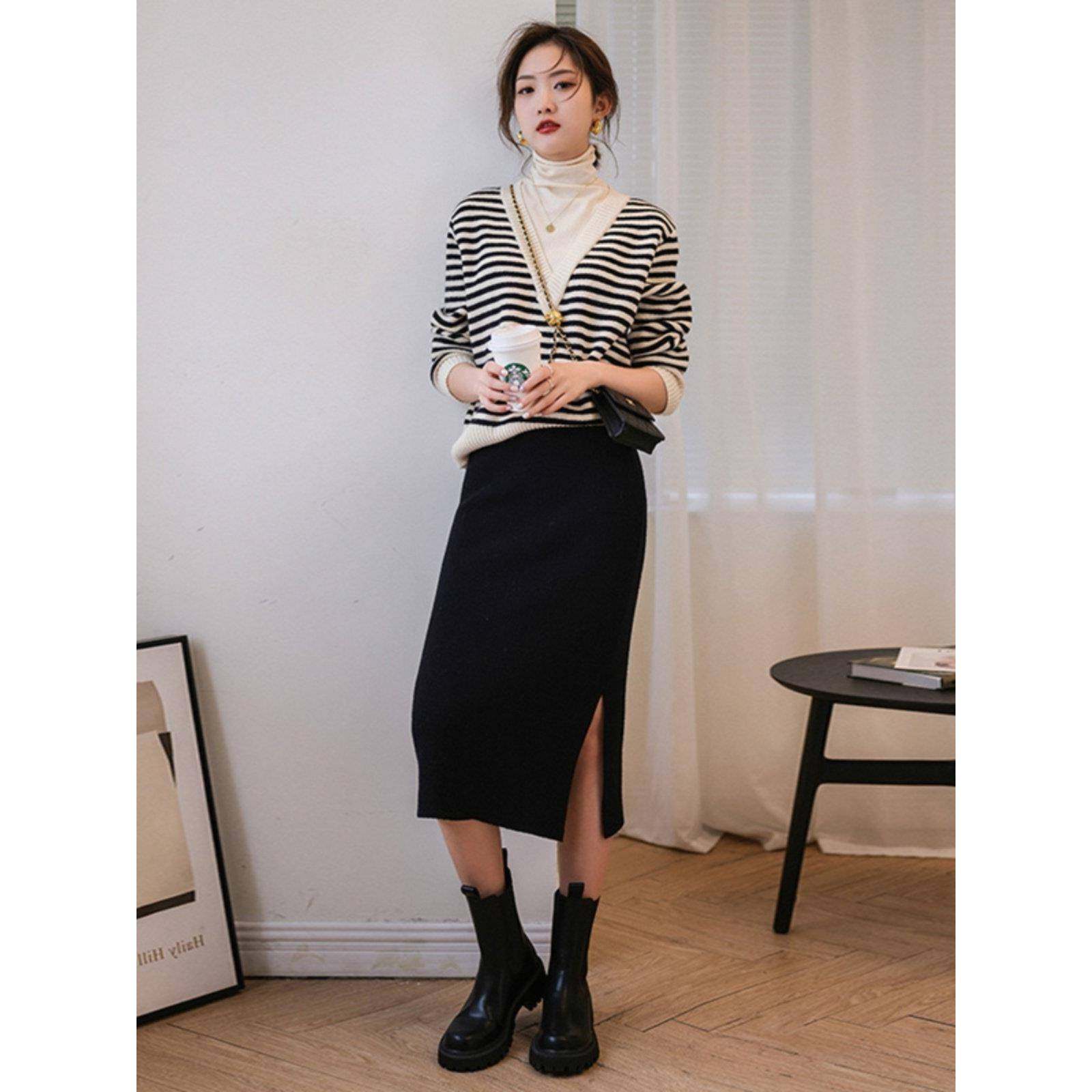 欧洲站秋季2024新款女装法式高级感假两件针织衫毛衣配裙子两件套