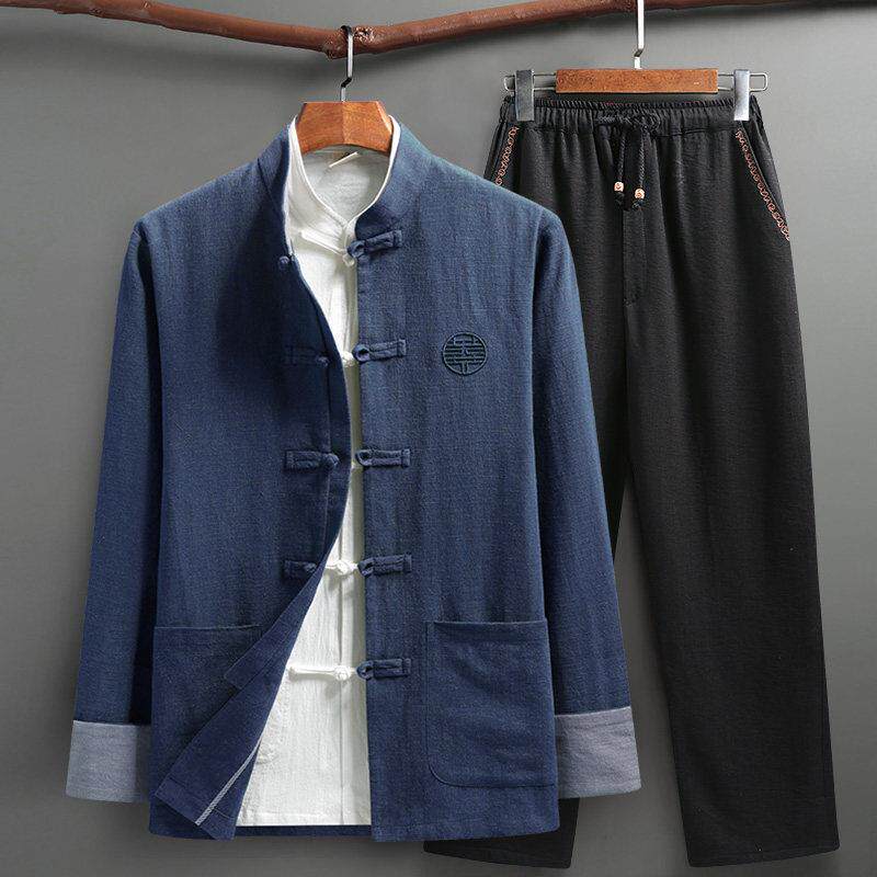 覆古中式唐装男春秋中国风套装棉麻中老年爸爸外套三件套盘扣汉服